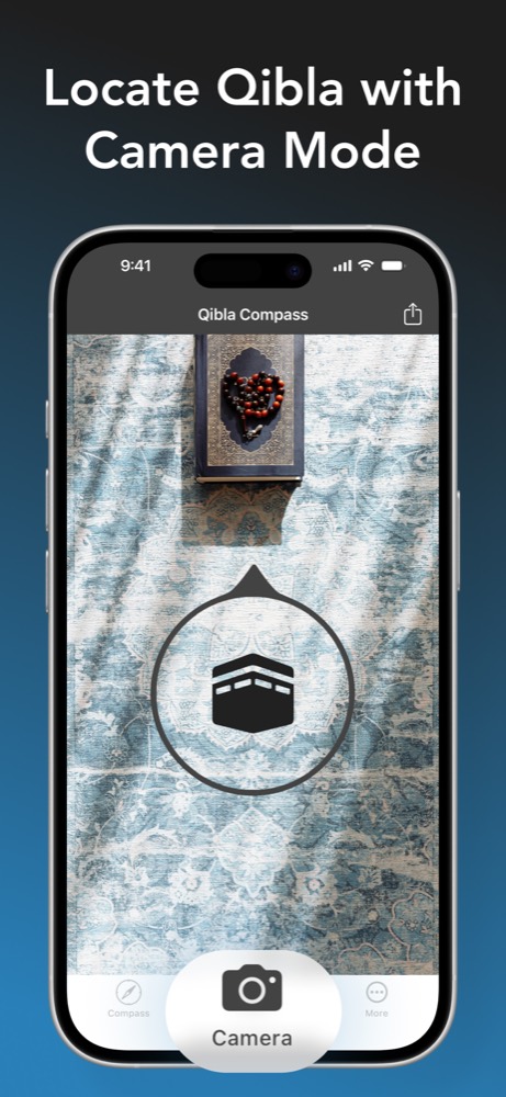 Camera view showing a Qibla marker over a room