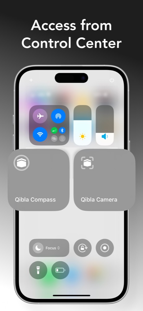 Qibla Compass and Qibla Camera controls displayed in iPhone Control Center